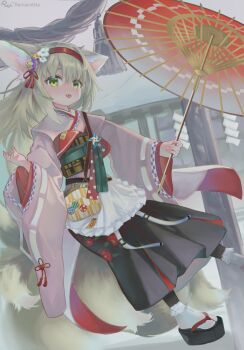 1girl absurdres animal_ears apron arknights black_hakama blonde_hair chinese_commentary coin_purse commentary_request flower fox_ears fox_girl fox_tail frilled_apron frills green_eyes hair_flower hair_ornament hairband hakama highres holding holding_umbrella japanese_clothes kimono kitsune kyuubi long_hair long_sleeves multiple_tails obi official_alternate_costume oil-paper_umbrella okobo pink_kimono pinwheel platform_sandals red_hairband remain_atto sandals sash skirt socks solo suzuran_(arknights) suzuran_(yukibare)_(arknights) tail umbrella waist_apron white_apron white_socks wide_sleeves