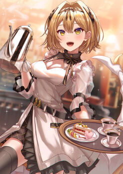 1girl absurdres alchemy_stars belt black_ribbon black_thighhighs blonde_hair blurry breasts cake cake_slice cleavage coffee_pot cup detached_collar dress food hair_intakes hair_ornament hair_ribbon highres holding holding_kettle holding_pot holding_tray kettle looking_at_viewer medium_breasts open_mouth plate pot ribbon saucer see-through_clothes see-through_sleeves short_hair smile solo sparkle strapless strapless_dress tail teacup thighhighs tray usamaru67pi vice_(alchemy_stars) white_dress yellow_eyes