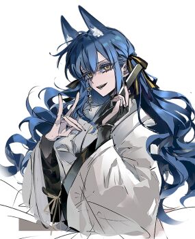 1girl animal_ears bang_dream! bang_dream!_it&#039;s_mygo!!!!! black_nails blue_hair chinese_commentary commentary_request earrings fox_ears fox_girl highres japanese_clothes jewelry kemonomimi_mode kimono long_hair looking_at_viewer nail_polish ne2op open_mouth simple_background solo togawa_sakiko upper_body white_background white_kimono yellow_eyes