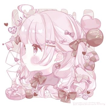 1girl ahoge amahanacururi balloon blush bow bowtie box box_of_chocolates brown_bow brown_bowtie chocolate closed_mouth eyelashes hair_bow hair_ornament heart_balloon highres letter long_hair looking_afar love_letter original pink_bow pink_eyes pink_hair portrait screentones sidelocks solo square string_of_flags