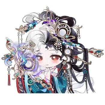 Rule 34 | 1girl, artist request, black hair, blue robe, brown eyes, chibi, chinese clothes, chinese hairpin, choker, closed mouth, crescent, crescent hair ornament, cropped torso, downturned eyes, dress, earrings, eyelashes, folding fan, gold earrings, hair flowing over, hair ornament, hair rings, hairpin, half updo, halter dress, halterneck, hand fan, happy, holding, holding fan, infinity nikki, jewelry, light blush, long hair, long sleeves, looking at object, moon phases, multicolored hair, multiple hairpins, nikki (series), official art, painterly, red choker, robe, smile, solo, split-color hair, sticker (medium), tareme, transparent background, two-tone hair, very long hair, where wanxiang weaves life (infinity nikki), white hair, wide sleeves, yellow dress