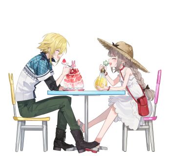 Rule 34 | 1boy, 1girl, ankle boots, bag, bare shoulders, belt collar, black boots, black bow, black ribbon, blonde hair, blue jacket, blunt bangs, blush, boots, bow, bracelet, braid, chair, closed eyes, collar, collarbone, collared jacket, dress, drink, drinking straw, fang, flipped hair, food, from side, full body, green pants, grey hair, grey shirt, hair between eyes, hair ribbon, handbag, hat, hat bow, highres, holding, holding drink, holding drinking straw, holding spoon, jacket, jewelry, lace-up boots, lace trim, layered sleeves, light bulb, long hair, long sleeves, looking at another, low twin braids, makaino ririmu, makaino ririmu (3rd costume), multicolored hair, nijisanji, no socks, on chair, open mouth, pants, plaid clothes, plaid jacket, platform sandals, pointy ears, red bag, red collar, red streaks, ribbed shirt, ribbon, sandals, shaved ice, shirt, short hair, short over long sleeves, short sleeves, shoulder bag, sidelocks, simple background, sitting, sleeveless, sleeveless dress, sleeves rolled up, smile, spoon, strap slip, straw hat, streaked hair, sundress, table, twin braids, two-tone hair, uzuki kou, uzuki kou (1st costume), virtual youtuber, white background, white dress, white jacket, yoe777ty