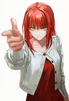 1girl blurry chainsaw_man dress finger_gun highres jacket long_hair long_sleeves looking_at_viewer makima_(chainsaw_man) n3vermind_mir open_clothes open_jacket red_dress red_hair ringed_eyes shirt sidelocks simple_background solo white_background white_shirt yellow_eyes