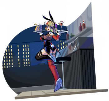 1girl alternate_costume animal_ears azur_lane bottle breasts brown_hair building cocktail cocktail_glass collar cross cup drinking_glass fake_animal_ears fake_bunny_ears gloves hairband high_heels highres iron_cross leg_up looking_at_viewer manjuu_(azur_lane) necktie night night_sky open_mouth purple_eyes rabbit_ears rabbit_tail sideboob sirhoopsalot sky skyscraper star_(sky) starry_sky stiletto_heels stool thighhighs z23_(azur_lane)