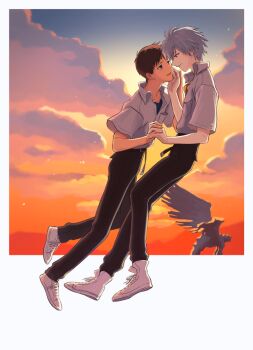 2boys belt black_pants blue_eyes blue_shirt brown_hair collared_shirt commentary_request from_side full_body grey_hair ikari_shinji kannunu looking_at_another male_focus multiple_boys nagisa_kaworu negative_space neon_genesis_evangelion orange_shirt oversized_belt pants pocket shirt shirt_tucked_in shoes short_hair sky white_shirt white_shoes yaoi