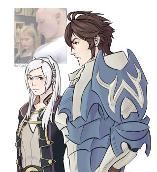 1boy 1girl armor black_robe breasts brown_eyes brown_hair commentary english_commentary female_robin_(fire_emblem) fire_emblem fire_emblem_awakening frederick_(fire_emblem) girl_staring_at_guy&#039;s_chest_(meme) grey_shirt highres long_hair looking_at_another meme nintendo octobrushido reference_inset robe shirt short_hair smile swept_bangs twintails white_hair
