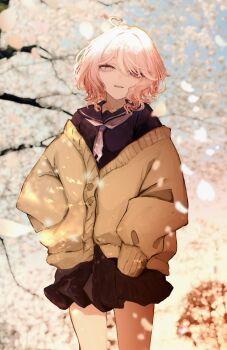 Rule 34 | 1girl, absurdres, black shirt, black skirt, blue sky, cardigan, commentary request, grey eyes, heterochromia, highres, open cardigan, open clothes, original, pink eyes, pink hair, school uniform, shirt, skirt, sky, solo, suzukano pon, tree