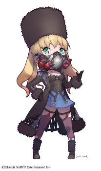 1girl artist_request black_gloves blonde_hair bustier chibi choker code_vein commentary_request female_focus full_body fur_hat fur_trim gas_mask gloves green_eyes hand_on_own_hip hat highres long_coat looking_at_viewer mask mia_karnstein papakha skirt solo thighhighs twintails white_background yoshizaki_mine