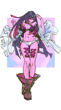 Rule 34 | 1girl, absurdres, amo empool, black dress, black hair, body piercings, boots, breasts, brown boots, cleavage, corset piercing, detached sleeves, dress, frilled sleeves, frills, full body, gachiakuta, highres, kijin other, long hair, open clothes, open dress, orange eyes, orange hair, panties, piercing, scarf, simple background, solo, stomach, underwear, white background, white panties, white sleeves, wide sleeves