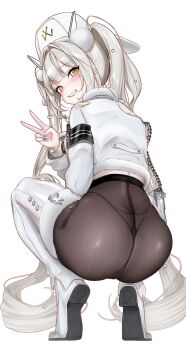 1girl ass blanc_(fortune_express)_(nikke) blanc_(nikke) blush boots brown_pantyhose fang from_behind fur_trim goddess_of_victory:_nikke grin hat highres jacket looking_at_viewer molar_breaker nail_polish panties panties_under_pantyhose pantyhose simple_background smile solo squatting thigh_boots tiptoes twintails underwear v white_background white_boots white_hair white_hat white_jacket yellow_eyes