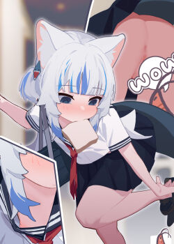 1girl ahedtra animal_ears anus blue_hair bread breasts cat_ears censored commentary downblouse female_focus food gawr_gura gawr_gura_(casual) highres hololive hololive_english loli nipple_slip nipples no_bra no_panties novelty_censor pussy pussy_peek school_uniform serafuku short_sleeves small_breasts solo standing standing_on_one_leg untranslatable_commentary upskirt virtual_youtuber