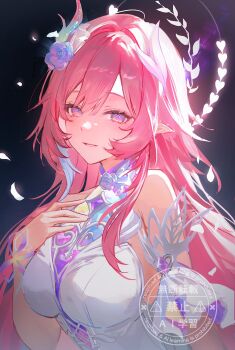 1girl bare_shoulders breasts chaerom commentary_request cyrene_(demiurge)_(honkai:_star_rail) cyrene_(honkai:_star_rail) flower hair_flower hair_ornament halo halo_behind_head hand_on_own_chest highres honkai:_star_rail honkai_(series) korean_commentary large_breasts long_hair looking_at_viewer parted_lips petals pink_hair pointy_ears purple_eyes purple_flower purple_rose rose sidelocks smile solo upper_body watermark white_petals