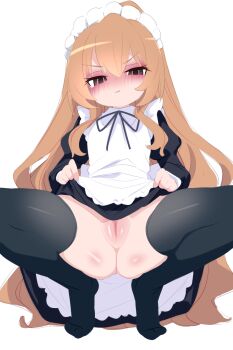 1girl aisaka_taiga alternate_costume apron ass black_dress black_ribbon black_thighhighs blush brown_eyes brown_hair cleft_of_venus closed_mouth clothes_lift dress dress_lift enmaided frilled_apron frills glaring hair_between_eyes juliet_sleeves kukuchi581 kyojiri_loli lifting_own_clothes loli long_hair long_sleeves looking_at_viewer maid maid_apron maid_headdress neck_ribbon no_panties no_shoes puffy_sleeves pussy ribbon scowl simple_background solo spread_legs squatting thighhighs tiptoes toradora! uncensored very_long_hair white_apron white_background