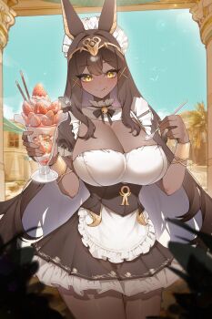 Rule 34 | 1girl, :q, absurdres, animal ear headwear, apron, black dress, blush, breasts, brown hair, cleavage, closed mouth, commentary, cup, dark-skinned female, dark skin, dress, fake animal ears, food, frilled apron, frills, fruit, hair between eyes, highres, holding, holding cup, holding spoon, huge breasts, long hair, looking at viewer, micasa tto, narrow waist, original, solo, spoon, strawberry, tongue, tongue out, very long hair, white apron, yellow eyes