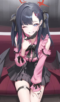 1girl absurdres alternate_costume alternate_hairstyle angel_wings black_choker black_hair black_ribbon black_skirt black_wings blue_archive blue_eyes casual choker clothing_cutout commentary criss-cross_strings dress earrings frilled_dress frills hair_behind_ear hair_ornament hair_ribbon hairclip halo heart heart_earrings heart_o-ring high-waist_skirt highres ichika_(blue_archive) jewelry jirai_kei light_blush long_hair looking_at_viewer low_wings mask mask_pull mouth_mask neck_ribbon o-ring one_eye_closed parted_bangs pink_dress pleated_skirt red_halo ribbon ring rkin shirt shoulder_cutout sitting skirt smile solo surgical_mask teeth thigh_strap twintails wings