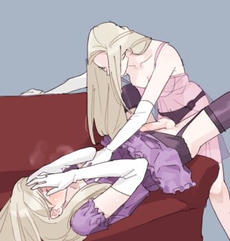 1boy 1girl alexia_ashford alfred_ashford anal blonde_hair blonde_wig blue_background blue_eyes blush breasts brother_and_sister closed_eyes couch covering_own_eyes crossdressing cum cum_on_dress dress girl_on_top gloves hetero highres incest lingerie long_hair looking_down mmyaaym pegging dildo precum purple_dress purple_stockings resident_evil resident_evil_-_code:_veronica siblings twincest twins underwear white_gloves