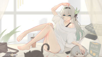 arm_up barefoot bed black_hairband bubble_tea caelus_(honkai:_star_rail) cellphone character_doll commentary convenient_censoring doll feet firefly_(honkai:_star_rail) gradient_hair green_hair grey_hair hairband hashtag-only_commentary highres honkai:_star_rail honkai_(series) indoors long_hair multicolored_hair on_bed paid_reward_available phone shirt single_bare_shoulder single_off_shoulder skirt smartphone toes trailblazer_(honkai:_star_rail) unworn_skirt white_shirt window yunkaiming