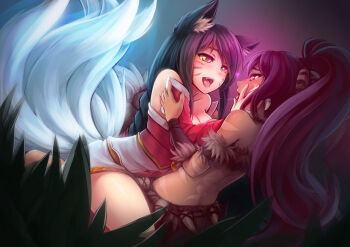 2girls after_kiss ahri_(league_of_legends) animal_ear_fluff animal_ears arm_tattoo back_tattoo bare_shoulders black_hair blush body_tattoo bra braid breasts bush butt_crack cleavage collarbone dark-skinned_female dark_skin detached_sleeves eye_contact facial_mark facing_another fang fox_ears fox_girl fox_tail hand_on_another's_face happy heart heart-shaped_pupils high_ponytail inari interracial large_breasts league_of_legends long_hair looking_at_another mind_control monster_girl multiple_girls multiple_tails nidalee on_lap on_person open_mouth pink_eyes ponytail ricegnat saliva saliva_trail shiny_skin sitting sitting_on_lap sitting_on_person smile symbol-shaped_pupils tail tattoo teeth tongue tongue_out tribal underwear whisker_markings white_tail yellow_eyes yuri