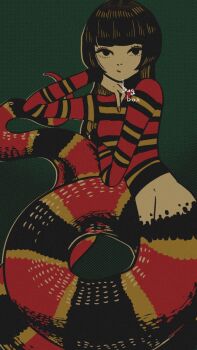 Rule 34 | 1girl, artist name, black eyes, black hair, blunt bangs, breasts, bugbox, green background, highres, lamia, long hair, looking at viewer, midriff, monster girl, original, red shirt, shirt, small breasts, striped clothes, striped shirt, tail