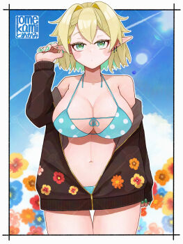 1girl alternate_costume artist_name bikini black_jacket blonde_hair blue_bikini blue_flower blush border breasts cleavage closed_mouth cowboy_shot earrings expressionless fingernails floral_print flower green_eyes green_nails hair_intakes highres jacket jewelry large_breasts lens_flare long_hair looking_at_viewer mizuhashi_parsee nail_art navel open_clothes open_jacket orange_flower pointy_ears short_hair solo sun swimsuit tomekami touhou watermark watermark_grid white_border