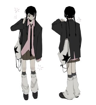 1girl :3 aegyo_sal back bag black_boots black_eyes black_hair black_jacket black_necktie blazer boots brown_skirt collared_shirt drawstring drawstring_bag fashion grey_socks hair_ornament hairpin hand_on_own_shoulder highres jacket jinjeocompote kneehighs leg_warmers long_hair low_twintails miniskirt multi-tied_hair multiple_views necktie open_clothes open_jacket original oversized_clothes oversized_jacket oversized_shirt pale_skin pink_shirt pleated_skirt print_bag shirt short_eyebrows sideways_glance skirt sleeves_past_wrists socks standing star_(symbol) star_hair_ornament star_print striped_clothes striped_shirt swept_bangs symbol_request twintails twitter_username untucked_shirt vertical-striped_clothes vertical-striped_shirt white_background white_bag white_leg_warmers