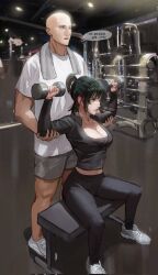 1boy 1girl bald bench black_jacket breasts cleavage commentary dumbbell exercising fubuki_(one-punch_man) green_eyes green_hair grey_shorts gym highres holding holding_dumbbell jacket large_breasts midriff oilo_515 one-punch_man open_mouth pants ponytail saitama_(one-punch_man) shirt shoes shorts sidelocks sitting sneakers standing towel towel_around_neck translation_request weightlifting weights white_shirt workout_clothes yoga_pants