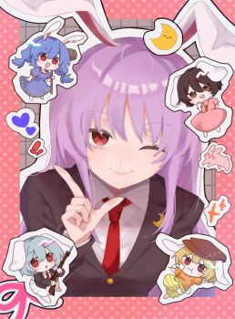 5girls :d :o :t ;) animal_ears black_hair black_jacket blazer blonde_hair blue_hair carrot_necklace chibi chibi_inset commentary crescent crescent_pin grey_hair grid_background gun heart highres holding holding_gun holding_mallet holding_weapon inaba_mob_(touhou) inaba_tewi jacket jewelry l_hand long_hair looking_at_viewer lop_rabbit_ears mallet multiple_girls necklace necktie one_eye_closed open_mouth outline polka_dot_border purple_hair rabbit rabbit_ears rabbit_girl red_necktie reisen_(touhou_bougetsushou) reisen_udongein_inaba rifle ringo_(touhou) ringo_mame seiran_(touhou) shirt skewer smile straight_hair touhou trait_connection upper_body weapon white_outline white_shirt