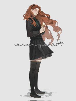 Rule 34 | 1girl, black shirt, black shoes, black skirt, black thighhighs, black tiara, black vest, blue eyes, collared shirt, commentary, english commentary, floating hair, flower, full body, green necktie, gynger edventray (hiiragimare), highres, hiiragimare, hogwarts legacy, hogwarts school uniform, holding, holding flower, long hair, mary janes, necktie, original, red hair, school uniform, shirt, shoes, simple background, skirt, slytherin, solo, thighhighs, tiara, vest, watermark, white background, white flower, wizarding world