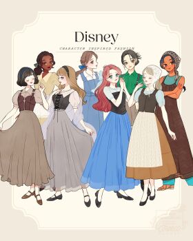 aladdin_(movie) ariel_(disney) aurora_(disney) beauty_and_the_beast_(disney) belle_(disney) black_hair blonde_hair blue_eyes brown_hair cinderella_(disney_character) cinderella_(disney_movie) commentary_request disney disney_princess dress fa_mulan_(disney) highres jasmine_(disney) jewelry long_hair looking_at_viewer meecosme mulan_(movie) multiple_girls red_hair sleeping_beauty_(disney) smile snow_white_(disney) snow_white_and_the_seven_dwarfs_(disney) the_little_mermaid_(disney) the_princess_and_the_frog_(disney) tiana_(the_princess_and_the_frog)