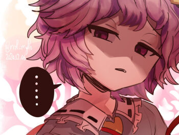 ... 1girl blue_shirt buttons commentary_request cropped_torso disgust flat_chest frilled_shirt_collar frills half-closed_eyes head_out_of_frame head_tilt heart_button ichirugi komeiji_satori like_looking_at_a_pig_in_a_farm looking_at_viewer messy_hair parted_lips purple_eyes purple_hair ribbon-trimmed_collar ribbon_trim shaded_face shirt short_hair simple_background solo teeth touhou upper_body white_background