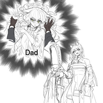 1boy 1other 2girls androgynous animal_ears arknights black_sleeves blush brown_gloves cat_ears coffee_mug cup design_speculation doctor_(arknights) english_text fkskii65 fox_boy fox_ears gloves green_eyes holding holding_another&#039;s_wrist holding_cup husband_and_wife kal&#039;tsit_(arknights) long_hair lying mug multiple_girls on_back open_mouth pinned pov pov_hands spilling spot_color surprised suzuran&#039;s_father_(arknights) trap vulpisfoglia_(arknights) yukadon