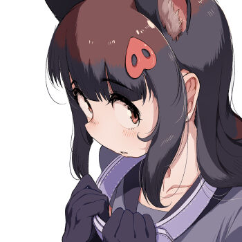 Rule 34 | 1girl, animal ears, black gloves, black hair, blush, collar, collared peccary (kemono friends), commentary request, extra ears, gloves, grey shirt, hair ornament, highres, kemono friends, long hair, looking at viewer, mcgunngu, red eyes, shirt, simple background, solo, straight hair, upper body, white collar