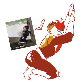 1boy against_wall armor arms_up ass ass_focus bodysuit broken_heart fernsensei heart kamen_rider kamen_rider_den-o kamen_rider_den-o_(series) kneeling male_focus momotaros red_armor redrawn shine shiny_clothes sketch tears