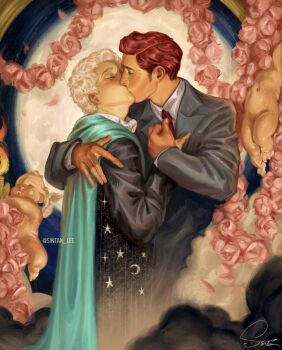 2boys aziraphale_(good_omens) black_robe cape cherub closed_eyes cloud collared_shirt commentary crowley_(good_omens) english_commentary fine_art_parody flower full_moon good_omens green_cape grey_jacket highres hug jacket kiss male_focus moon multiple_boys necktie parody pink_flower pink_rose red_hair red_necktie robe rose shirt short_hair sideburns signature sintan_lee star_(symbol) twitter_username upper_body white_hair white_shirt yaoi