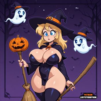 1girl ai-generated bad_source bat_(animal) blonde_hair blue_eyes bottomless breasts costume curvy dress ghost halloween hat large_breasts long_hair original pelvic_curtain pumpkin self-upload short_sleeves solo thick_thighs thighhighs thighs toon_(style) wide_hips witch witch_hat