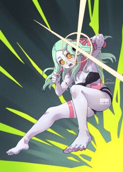 1girl armpits bare_shoulders barefoot breasts candy chuckuddin cleavage colored_sclera colored_skin cyberpunk:_edgerunners cyberpunk_(series) female_focus food full_body green_eyes green_hair gun highres lollipop long_hair looking_at_viewer matching_hair/eyes nail_polish rebecca_(cyberpunk) red_sclera small_breasts solo tattoo toenail_polish toenails weapon white_skin