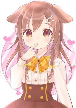 1girl 2020 absurdres animal_ears blush brown_eyes brown_hair closed_mouth commentary_request dog_ears dog_girl dress highres hololive inugami_korone kahlura225 long_hair looking_at_viewer ribbon signature solo virtual_youtuber white_background yellow_ribbon