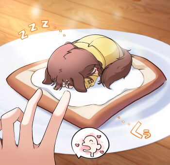 1boy 1girl animal_ears bone_hair_ornament braid bread bread_slice breakfast brown_hair chibi commentary_request curled_up dog_ears dog_girl dog_tail egg_(food) food from_above from_side hair_ornament hana_s head_down heart highres hololive image_in_speech_bubble indoors inugami_korone inugami_korone_(1st_costume) listener_(inugami_korone) out_of_frame oversized_food oversized_object plate reaching reaching_towards_another signature sleeping solo_focus sound_effects tail toast twin_braids twitter_username virtual_youtuber zzz