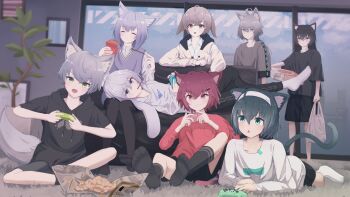 1girl 6+boys absurdres animal_ears bag black_hair blue_eyes brown_eyes brown_hair cat cat_boy cat_ears cat_girl cat_tail controller couch eating food game_console game_controller green_eyes grey_hair hairband highres holding holding_bag holding_controller hood hoodie indoors lium_(vrchat) lunato_(vrchat) lying multiple_boys nebbia_(vrchat) neige_(vrchat) no_shoes noul_(vrchat) on_stomach pantyhose plant playing_games purple_hair rabbit_boy rabbit_ears red_eyes red_hair ristor_(vrchat) shirt short_hair shorts sitting smile socks tail tonnerre_(vrchat) vrchat white_hair xelevia