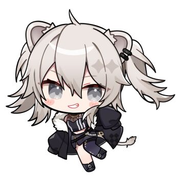 1girl animal_ears black_jacket black_shirt black_skirt blush_stickers chibi chibi_only commentary_request crop_top cropped_shirt double-parted_bangs drop_shadow full_body grey_eyes grey_hair grin hair_between_eyes hololive jacket kashiwase_karune lion_ears lion_girl lion_tail long_hair long_sleeves looking_at_viewer midriff navel open_clothes open_jacket outline shirt shishiro_botan shishiro_botan_(1st_costume) simple_background single_leg_pantyhose skirt sleeves_past_fingers sleeves_past_wrists smile solo tail transparent_background twintails twitter_username virtual_youtuber white_outline