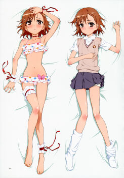 10s 1girl 2010 absurdres alternate_costume ankle_garter armpits artist_request bare_legs bare_shoulders barefoot bikini blush bow choker collarbone dakimakura_(medium) feet flat_chest frilled_swimsuit frilled_thigh_strap frills full_body hair_ornament hairpin highres looking_at_viewer lowleg matching_hair/eyes misaka_mikoto multiple_views navel official_alternate_costume official_art polka_dot polka_dot_swimsuit ribbon ruffle_bikini school_uniform shorts shorts_under_skirt skirt socks stomach summer_uniform swimsuit tankini thigh_strap toaru_kagaku_no_railgun toaru_majutsu_no_index toes tokiwadai_school_uniform wrist_cuffs