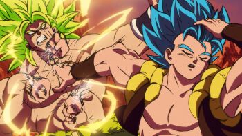 2boys adjusting_hair after_insertion black_vest blue_hair broly_(dragon_ball_super) closed_eyes commentary dragon_ball dragon_ball_super dragon_ball_super_broly gogeta green_hair highres long_hair male_focus medium_hair meme metamoran_vest midokutensei multiple_boys muscular muscular_male naoya_hitting_choso_without_looking_(meme) no_shirt parted_lips smear_frame spiked_hair super_saiyan super_saiyan_blue upper_body vest
