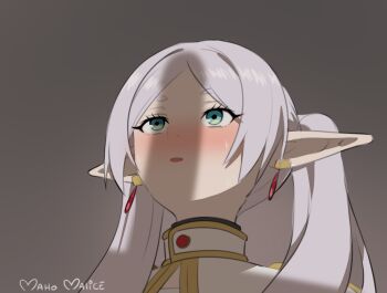 1girl blue_eyes blush elf frieren grey_hair looking_up maho_malice meme penis_shadow pointy_ears simple_background solo sousou_no_frieren twintails upper_body upward_angle_frieren_drawing_(meme)