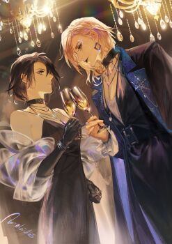 2girls absurdres artist_name bare_shoulders black_choker black_coat black_hair blonde_hair champagne_flute chandelier character_request check_character chief_(path_to_nowhere) choker closed_mouth coat coat_on_shoulders cup dress drinking_glass dutch_angle earrings elbow_gloves evening_gown female_chief_(path_to_nowhere) from_side gloves hair_behind_ear highres indoors jewelry korean_commentary langley_(path_to_nowhere) looking_at_another medium_hair melendes1312 multiple_girls necklace path_to_nowhere shirt short_hair white_shirt