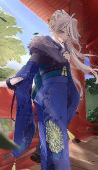 Rule 34 | 1girl, ahoge, alternate costume, animal ears, blue kimono, closed mouth, edge ill, full body, fur-trimmed kimono, fur trim, grey eyes, grey hair, hashtag-only commentary, highres, hololive, japanese clothes, kimono, lion ears, lion girl, long hair, looking at viewer, parted bangs, shishiro botan, solo, standing, virtual youtuber