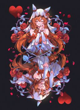 1girl animal_ears black_background brown_hair closed_eyes commentary dress english_commentary flower halter_dress halterneck hands_on_own_face heart horse_ears horse_girl long_hair looking_at_viewer multiple_views own_hands_together petals red_dress red_eyes red_flower rose simple_background still_in_love_(scarlet_vow_raiment)_(umamusume) still_in_love_(umamusume) string string_of_fate thorns umamusume upper_body upside-down veil welchino white_dress white_veil yandere yandere_trance