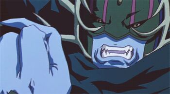 1boy 1girl angry animated animated_gif armor black_sclera blue_skin bra collarbone colored_sclera colored_skin crushing digimon digimon_frontier digimon_frontier:_kodai_digimon_fukkatsu!! facial_tattoo fairimon fairy_wings fangs giggling mask murmukusmon night pov purple_bra purple_hair screencap shoulder_armor smile tattoo teeth underwear visor_(armor) wings yellow_eyes