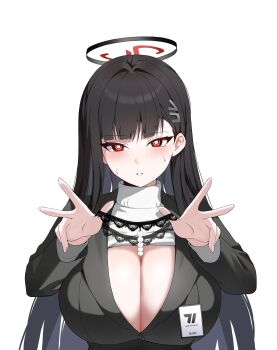 1girl absurdres black_hair black_halo black_jacket black_panties blue_archive blush breasts bright_pupils cleavage clothes_lift commentary hair_behind_ear hair_ornament hairclip halo hands_up highres holding holding_panties holding_underwear holding_unworn_clothes id_card jacket large_breasts long_hair long_sleeves looking_at_viewer panties parted_lips pearl_thong presenting_removed_panties quel_(quel1111) red_eyes ringed_eyes rio_(blue_archive) simple_background solo straight-on suit_jacket sweat sweater sweater_lift symbol-only_commentary thong turtleneck turtleneck_sweater underwear upper_body white_background white_pupils white_sweater