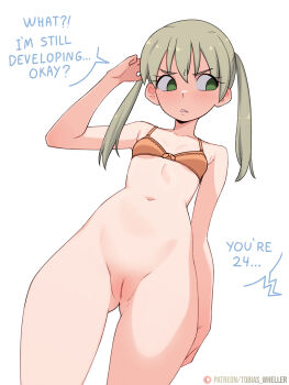 1girl absurdres arm_at_side artist_name averting_eyes bad_id bad_patreon_id bare_arms bare_legs bare_shoulders blush bottomless bow bow_bra bra breast_conscious breasts collarbone cowboy_shot english_text gluteal_fold green_eyes grey_hair hair_between_eyes hand_up highres long_hair maka_albarn navel orange_bra parted_lips patreon_logo patreon_username pussy simple_background small_breasts solo soul_eater stomach tobias_wheller twintails underwear underwear_only white_background