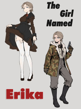 Rule 34 | 1girl, absurdres, alternate costume, black boots, black dress, black neckerchief, blonde hair, blue eyes, boots, breast pocket, brown shoes, camouflage, camouflage jacket, clothes lift, commentary, dress, dress shirt, english commentary, erika (sebastian z), full body, fur-trimmed jacket, fur trim, garter belt, grey pants, gun, handgun, high-waist pants, high heels, highres, holding, holding gun, holding weapon, jacket, lifting own clothes, luka-12, military uniform, neckerchief, original, pants, pocket, red neckerchief, serious, shirt, shoes, skirt, skirt lift, thighhighs, torn clothes, torn thighhighs, weapon, weapon request, white background
